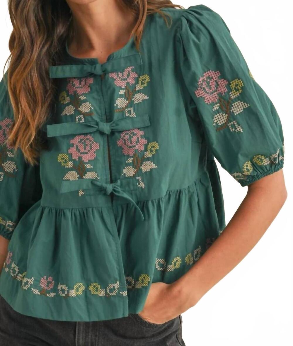 NEW MABLE abby floral puff sleeve blouse in hunter green - Picture 5 of 6